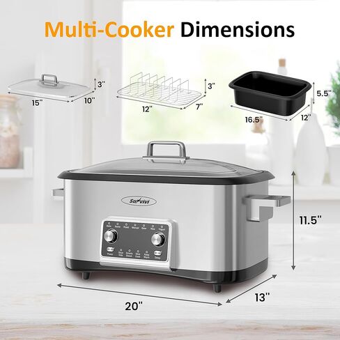 Sunvivi 8 Quart Slow Cooker, 12 in 1 programmable Multi-Cooker Food Warmer with Digital Timer, Temp Control, Removable Cast Aluminum Pot & Dishwasher-Safe Tempered Glass Lid, Stainless Steel in Kuwait
