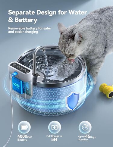 Wireless Cat Water Fountain [Water & Battery Separation] FEELNEEDY Stainless Steel Automatic Pet Water Dispenser, 4000mAh Battery Operated Water Fountains for Cats Dogs - 3.5L/118oz in Saudi Arabia