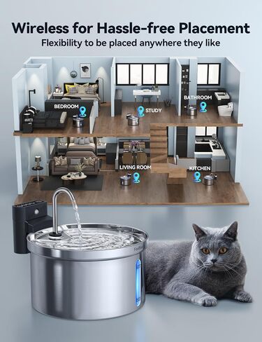 Wireless Cat Water Fountain [Water & Battery Separation] FEELNEEDY Stainless Steel Automatic Pet Water Dispenser, 4000mAh Battery Operated Water Fountains for Cats Dogs - 3.5L/118oz in Saudi Arabia