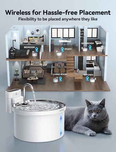 Wireless Cat Water Fountain [Water & Battery Separation] FEELNEEDY Stainless Steel Automatic Pet Water Dispenser, 4000mAh Battery Operated Water Fountains for Cats Dogs - 3.5L/118oz in Saudi Arabia