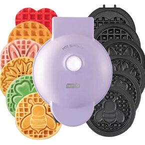 DASH Mini Waffle Maker with 7 Removable Plates-Spring Themed Plates - Bunny Clover Heart with Storage Container Non-Stick Coating- Temperature Control- Indicator Light for Home and Travel, Purple
