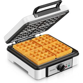 FOHERE Belgian Waffle Maker 4 Slices, 1200W Waffle Iron, 5 Browning Levels, Nonstick Plates, Cool-touch Handle, Anti-scald Phenolic Housing, Anti-overflow Moat, Indicator Lights, Recipes, White