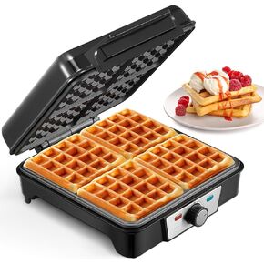 4-Slice Belgian Waffle Maker, 3 Browning Levels with Nonstick Square Waffler Iron Plates, 1200 Watts, Compact Design for Easy Storage, Stainless Steel/Black