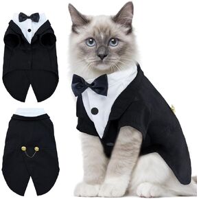 DENTRUN Cat Tuxedo Outfit, Sphynx Cat Costume Formal Suit with Bow Tie, Stylish Cat Shirt Fashion Apparel Fancy Clothes, Kitten Formal Attire Wedding Onesie Costume for Cats Only