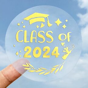 100 Pcs Graduation Stickers, Class of 2024, Transparent Congrats Graduation Labels, Grad Party Supply, Graduation Cap Stickers for Scrapbooks Envelopes 1.6 Inch (class of 2024-2, gold)