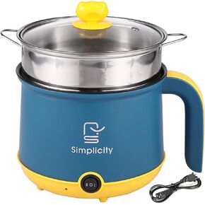 Electric Hot Pot with Steamer 1.8L/55oz, Stainless Steel Non-Stick Ramen Pasta Cooker,Portable Travel Cooker Quick Cook Multi-Functional Electric Skillet for Egg Soup Porridge