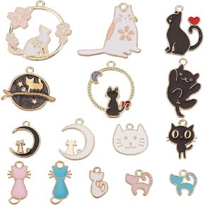 SUNNYCLUE 1 Box 30Pcs Cat Charms Enamel Charms Cats Head Dainty Kitty Charm Cute Animals Pets Black Cat Sakura Flowers Crescent Moon Charms for Jewelry Making Charm Earrings Necklace DIY Supplies