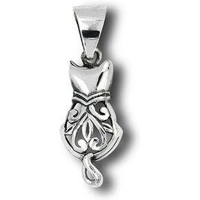 Filigree Cat Pendant .925 Sterling Silver Pet Feline Scroll Animal Heart Charm