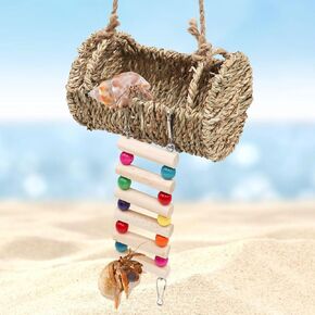 Hermit Crab Hideout with Ladder, Wooden Hermit Crab Climbing Toys, Aquariums Ladder Bridge Ramp Toy, Small Animals Tank or Cage Accessories, Habitat for Hermit Crab Hamsters Rats Birds Parrots