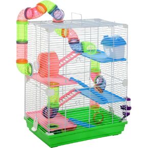 PawHut 18" 5 Tier Hamster Cage with Tubes and Tunnels, Small Animal Cage with Portable Carry Handle, Gerbil Cage with Water Bottle, Food Dish, Exercise Wheel