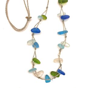 Caribbean Blues Sea Glass Necklace, Beachy Boho Jewelry, Adjustable from Choker to 30" Long, Metal Free and Waterproof, Handmade Gift for Women
