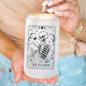 The Reader Tarot Card Iced Coffee Glass Can Tumbler With Lid and Straw, 16 oz. Glass Cup, Travel Tumbler with Skeleton, Book Reader Gifts Women, Spiritual Witchy Tarot Gift Ideas (The Reader in Color)