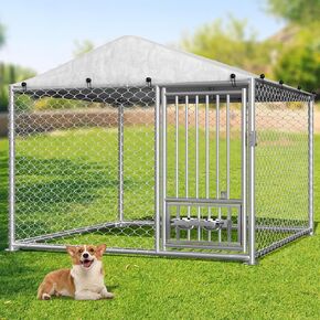Rovibek Large Outdoor Dog Kennel with Roof, 10'×10' Outside Dog Kennel Heavy Duty Dog Run Fence with Waterproof Sun-Proof Cover and 2 Stainless Steel Dog Bowl in Kuwait