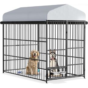 Outdoor Dog Kennel with Roof, 6.5'L x 3.5'W x 5.9'H Dog Kennel Outside Large Breed, Heavy Duty Outdoor Dog Kennel with Rotating Feeding Bowls, Covered Dog Kennel for Medium Small Dogs