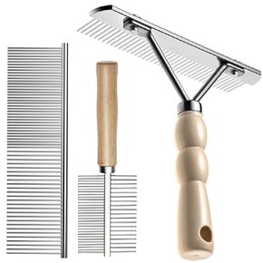Undercoat Rake for Dogs, 3 Pack Pet Grooming Brush Set Long Tooth Rake Brush & Double-Sided Teech Comb & Stainless Steel Shedding Comb, Long Haired Pet Grooming Tool Set for Horse Large Dog Cat