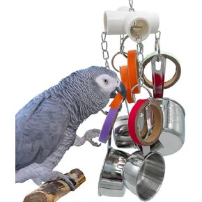 Durable Bird Parrots Pots and Bagel Toys, Pullable Stainless Steel Cup and Cardboard Ring Toys for Amazons Mini Macaws African Greys Cockatoos Eclectus