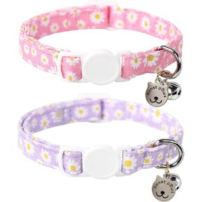 Lionet Paws 2pcs Pack Cotton Cat Collar,Breakaway Buckle with Daisy Pattern and Brand Pendant Cute Adjustable Cat Kitten Collar,Ideal for Girl Cats Boy Cats