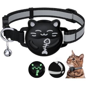 Waterproof Airtag Cat Collar, Breakaway Cat Collars with Luminous & Reflective Strap for Apple Air tag, Kitten Safety Elastic Band, Lightweight Hidden GPS Tracker Holder(Black, 9"-14")
