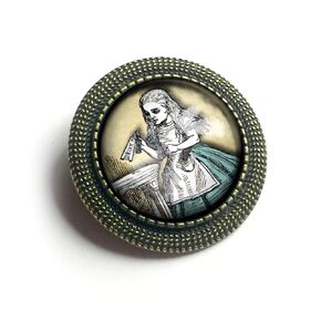 Alice In Wonderland Reverse Decoupage Glass And Brass Brooch