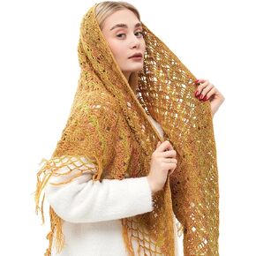 وشاح ملفوف مثلث مكتنز مع شرابات، شال صوف كروشيه، وشاح مكتنز، وشاح هامشي، شال ملفوف متماسك الخردل. in Kuwait