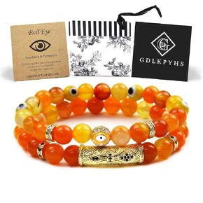 Evil Eye Bracelet - Evil Eye Charm Protection Bracelet - Beaded Bracelets, 8mm Natural Stone Agate Crystal Beads Handmade Gifts for Women Men (Black)