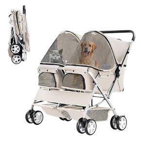 Double Pet Stroller, Foldable Stroller for 2 Dogs & Cats, Two-Seater Carrier Twin Dog Walk Jogger Travel Pet Carriage Cart with Storage, Black