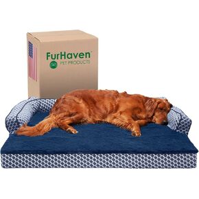 Furhaven Orthopedic Dog Bed for Large Dogs w/ Removable Bolsters & Washable Cover, For Dogs Up to 95 lbs - Plush & Woven Decor Comfy Couch Sofa - Diamond Blue, Jumbo/XL