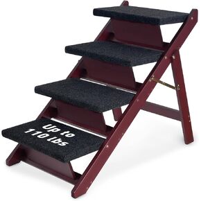 Wooden Dog Stairs/Steps - Foldable 4 Steps Dog Steps for High Bed Couch Cars, Non-Slip Pet Stairs for Small Large Medium Dogs and Cats, No Assembly Required