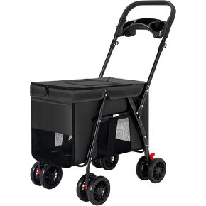 عربة الحيوانات الأليفة، عربة الركض على شكل قفص للكلاب والقطط قابلة للطي، عربة حمل كبيرة للغاية ذات 4 عجلات للسفر وعربة للكلاب، شبكة قابلة للتنفس مع سلة تخزين وحامل أكواب للقطط الصغيرة المتوسطة (أسود) in Kuwait