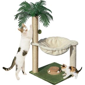 Cat Scratching Post for Indoor Cats 30 Inches Large Square Cat Scratcher with Hammock Cats Wooden Interactive Trackball Toy for Kitten and Adults Cats