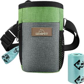 Dog Treat Pouch - Fashionable Green&Grey Design - Large Capacity Dog Treat Bag for Dog Walks,Outdoor Activities, Travel and Training - Includes 1 Poop Bags