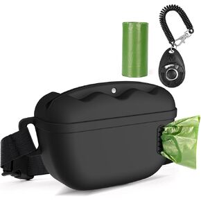 3 in 1 Dog Treat Pouch with Dog Waste Bag Dispenser & Training Clicker, Silicone Treat Bag with Waist Belt for Pet Training, Stronger Magnetic Closure Dog Training Treat Pouch for Walking Black