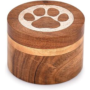Acacia Wood Decorative Urns Round Shape White Paws Design Urn for Ashes for Dogs, Pet Urns for Cats (3.5" x 3.5" x 2.5")