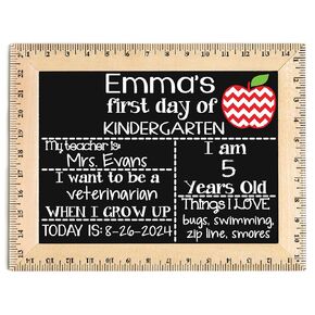 First Day of School Sign (11.5"x15"), Reusable Chalkboard, Easy-to-Clean with Real Wooden Ruler Frame, Handmade in USA by Bloom Owl, Perfect for Back to School, First Day of Kindergarten Girl, Pre K