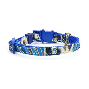 Abstract Ocean Waves Cat or Kitten Collar - Blue and Black With Metallic Gold Accents - 3/8 Inch Wide - 2 Sizes - Breakaway Safety Buckle - Handmade by Green Acorn Kitchen (Cat - 7.5 to 12 Inches)