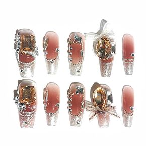 Handcraft Reusable Press on Nails Autumn Memories, Elegant Beautiful Pink Silver Microglitter Medium Coffin Fake Nails with Butterfly Bow and Rhinestones in 10pcs Customized Size (Large)