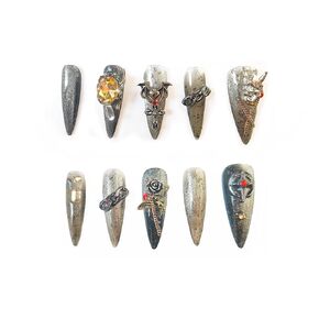 Handcraft Reusable Press on Nails Silent Hill, Gorgeous Despairing Apathetic Smoke Gray Long Stiletto Fake Nails with Crossbones Ghost Mask and Rhinestones in 10pcs Customized Size (Large)