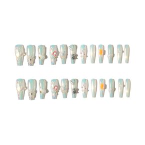 Handcraft Reusable Press on Nails Confession Balloon, Romantic Sweet DuoChrome Illusionary White Long Coffin Fake Nails with Pearl Glitter Camellia and Aurora Rhinestones in 24pcs Full Size