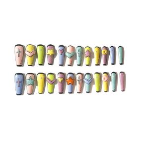 Handcraft Reusable/Removable Press on Nails 2D World, Colorful Cute Childlike Comic Long Coffin Fake Nails with Stereoscopic Heart Star and Donut in 24 pcs Full Size