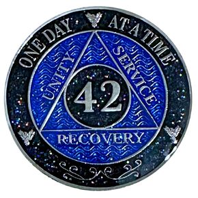 AA 42-Year Shiny Fancy Glitter Recovery Medallion, Alcoholics Anonymous Recovery Sober Silver Color Metal Coin, Shiny Blue And Black Rainbow Glitter, AA Sobriety Chip