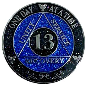 AA 13-Year Shiny Fancy Glitter Recovery Medallion, Alcoholics Anonymous Recovery Sober Silver Color Metal Coin, Shiny Blue And Black Rainbow Glitter, AA Sobriety Chip