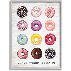 Stupell Industries Donut Worry Be Happy Pun Glazed Farmhouse Desserts، مصممة بواسطة لوحة فنية جدارية مؤطرة باللون الرمادي ومرسومة، مقاس 11 × 14، متعددة الألوان