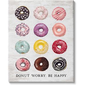 Stupell Industries Donut Worry Be Happy Pun Glazed Farmhouse Desserts، مصممة بواسطة لوحة فنية جدارية من القماش مكتوب عليها حروف ومبطنة، مقاس 24 × 30، متعددة الألوان