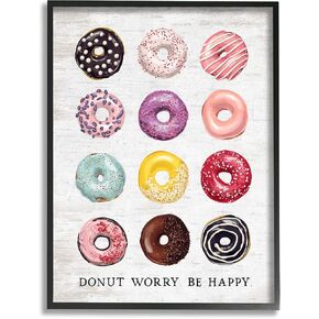 Stupell Industries Donut Worry Be Happy Pun Glazed Farmhouse Desserts، مصممة بواسطة لوحة فنية جدارية مؤطرة بحروف ومبطنة باللون الأسود، مقاس 16 × 20، متعددة الألوان