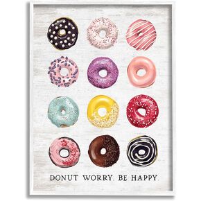 حلويات المزرعة المصقولة من Stupell Industries Donut Worry Be Happy Pun Glazed Farmhouse، مصممة بواسطة لوحة فنية جدارية مؤطرة باللون الأبيض ومبطنة، مقاس 16 × 20، متعددة الألوان