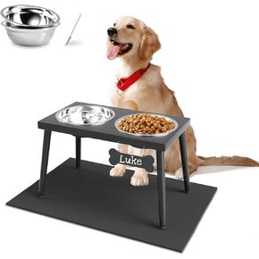 Metal Raised Dog Bowl Stand for Large and Medium Dogs, Stronger Elevated Dog Bowls with Sprill Proof Mat, Dog Food & Water Bowls 10" Tall Dog Feeder (42OZ-Stainless Steel Dog Bowls, Mat-16x24)