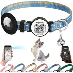 Grid cloth breakaway Cat Collar with QR code smart ID tag with AirTag Holder and Bell, Light, Adjustable,AirTag, Integrated Air Tag Cat Collar for Apple.Tracker for Girl Boy Cats Kittens (Pink)