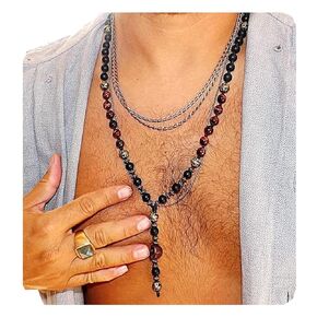 Men Necklace - Men Long necklace with Onyx and Red Tiger eye gemstones - Men Neckless - Gift for men - Mala necklace - Men jewelry