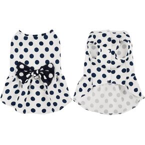 Cute Polka Dots Cat Small Dog Dress with Bow Tie Summer Clothes with D-Ring on The Back for Puppy Cat(White with Navy Dots, X-Small)