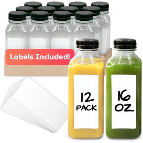 Reli. Plastic Juice Bottles [12 Pack] [16 oz] Square 16 oz Plastic Bottles with Caps & Sticker Labels | Clear, Empty for Drinks 16oz | Disposable, Reusable Containers for Juicing, Smoothies